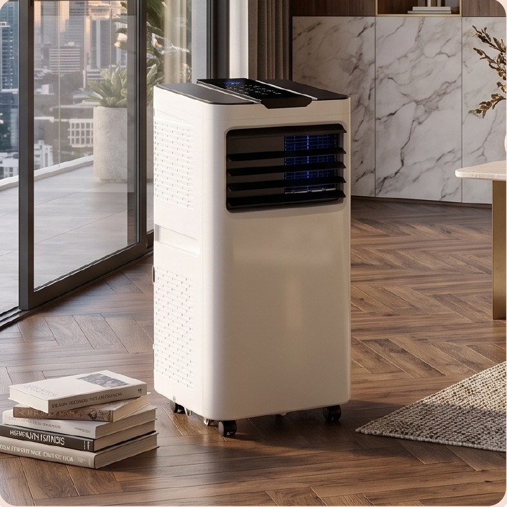Climatiseur portatif KLF-12000 crème sur parquet en chevrons